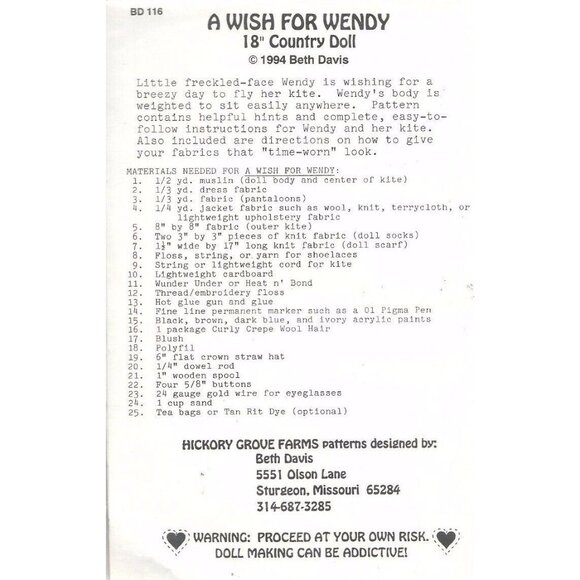 Hickory Grove Farms A Wish for Wendy 18 inch Country Doll Pattern 1994 - Picture 3 of 3